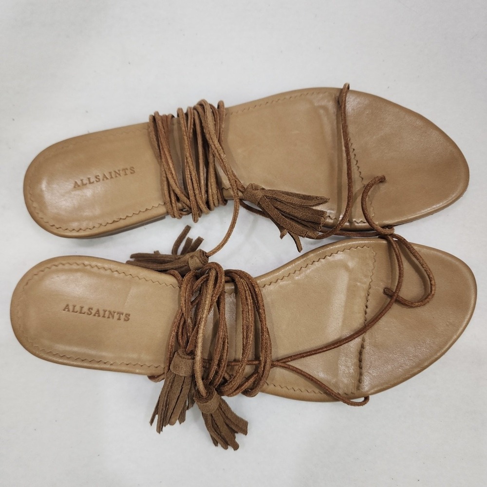AllSaints Womens Eu 41 us 11 Thong Brown Wraparound Tassels Ankle Ties Sandals